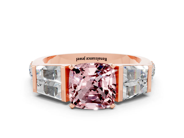 Rose gold Cushion Cut Morganite Engagement Ring with Baguette Side Stones and Channel Set Band
