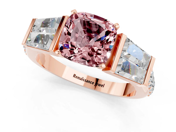 Rose gold Cushion Cut Morganite Engagement Ring with Baguette Side Stones and Channel Set Band