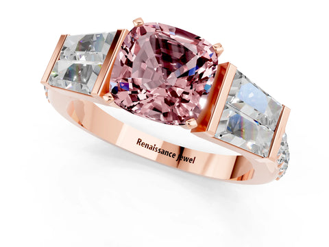 Rose gold Cushion Cut Morganite Engagement Ring with Baguette Side Stones and Channel Set Band_1