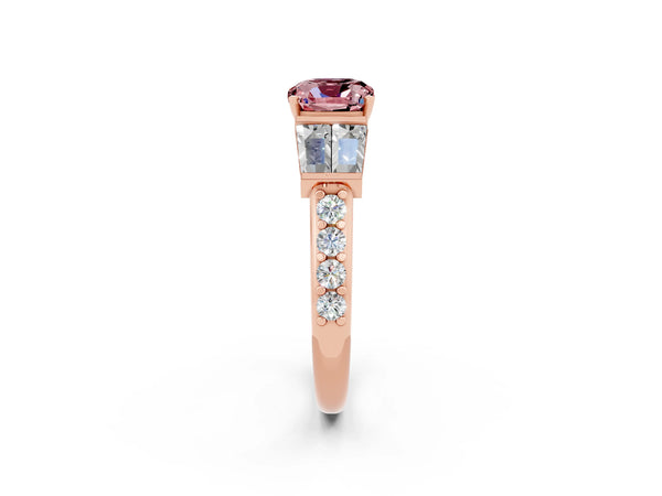 Rose gold Cushion Cut Morganite Engagement Ring with Baguette Side Stones and Channel Set Band