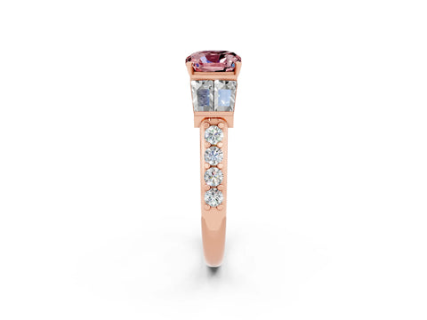 Rose gold Cushion Cut Morganite Engagement Ring with Baguette Side Stones and Channel Set Band_2