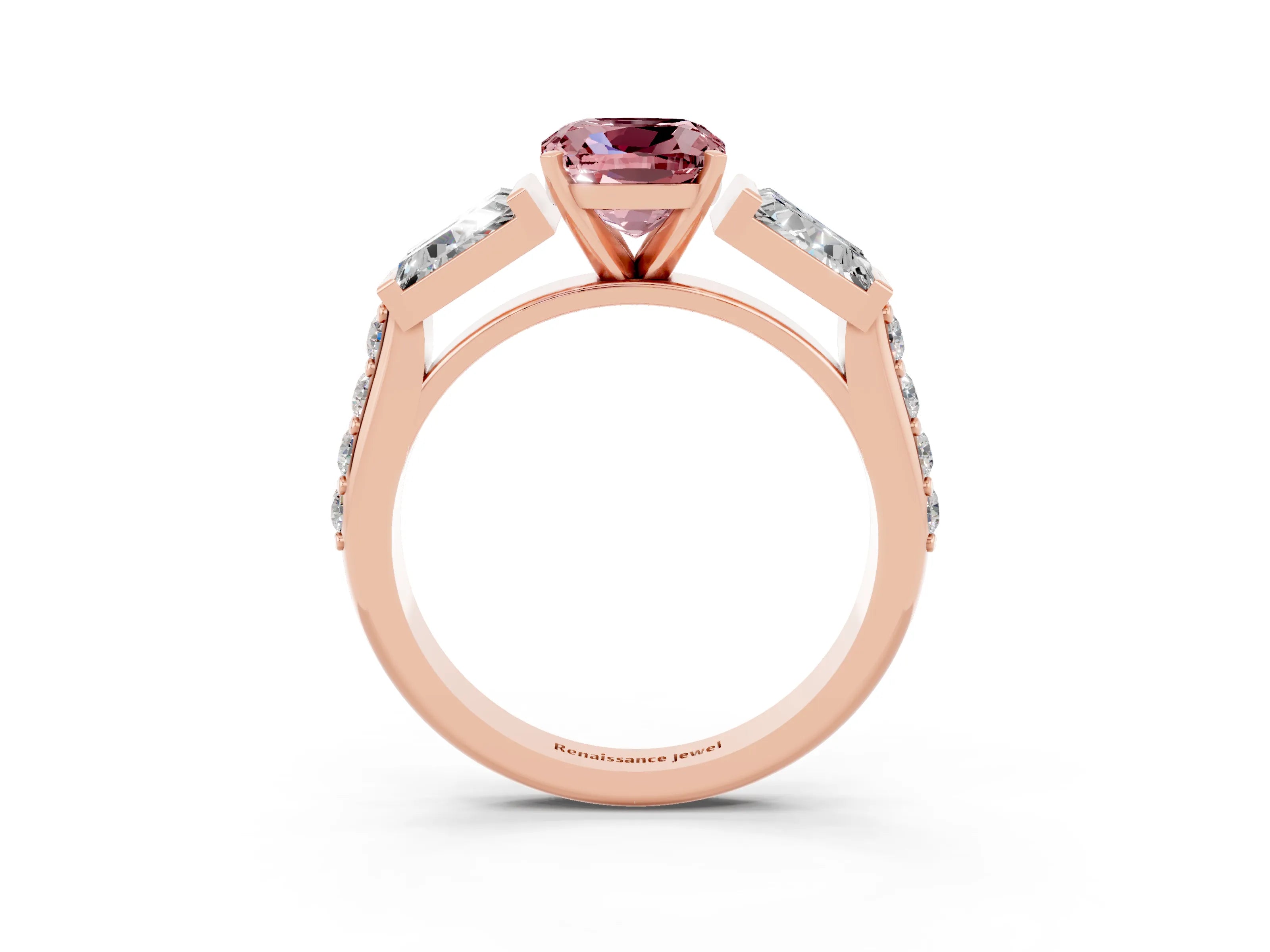 Rose gold Cushion Cut Morganite Engagement Ring with Baguette Side Stones and Channel Set Band_3