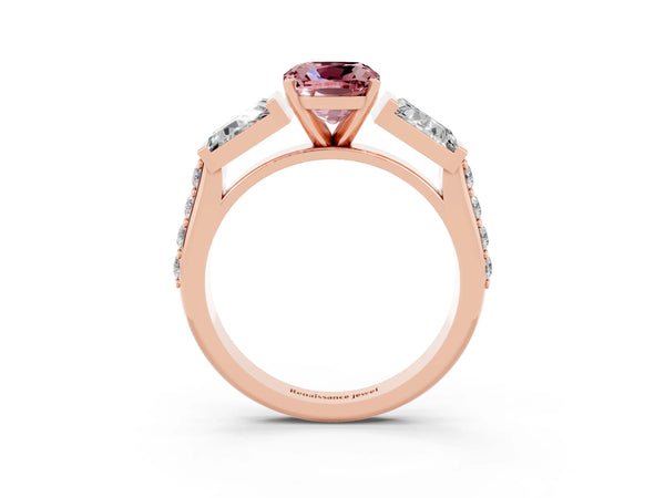 Rose gold Cushion Cut Morganite Engagement Ring with Baguette Side Stones and Channel Set Band
