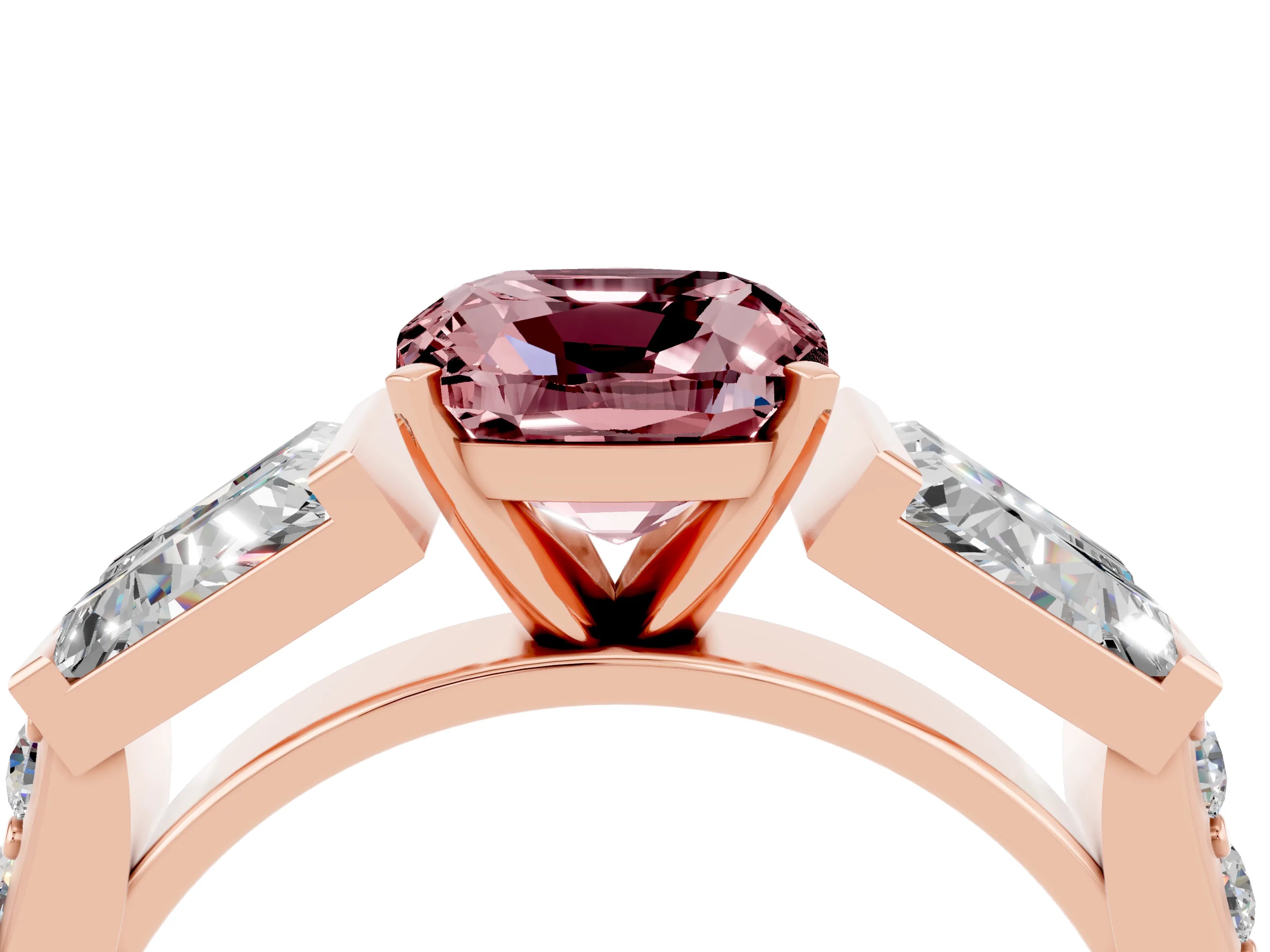 Rose gold Cushion Cut Morganite Engagement Ring with Baguette Side Stones and Channel Set Band_4