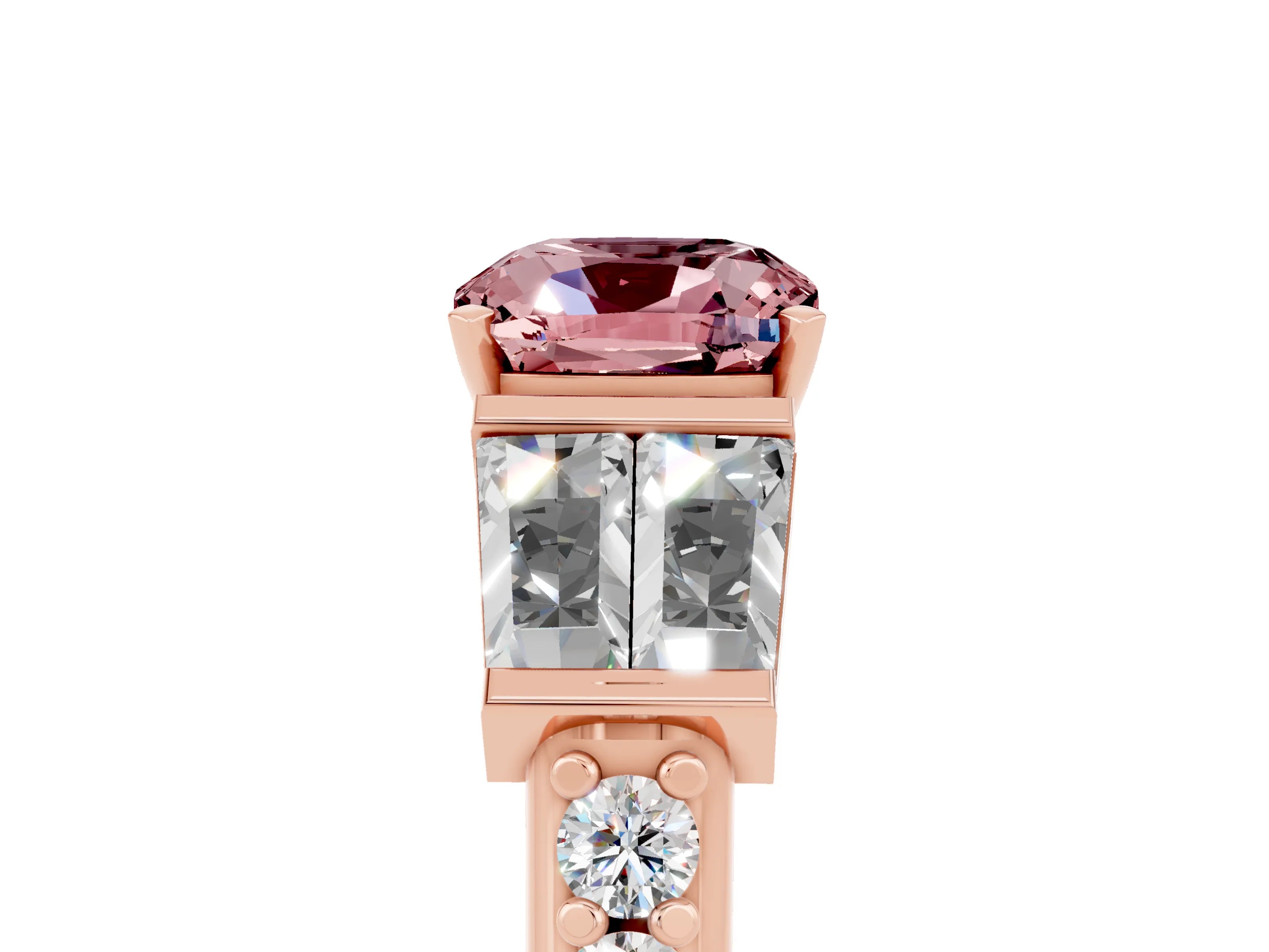 Rose gold Cushion Cut Morganite Engagement Ring with Baguette Side Stones and Channel Set Band_5