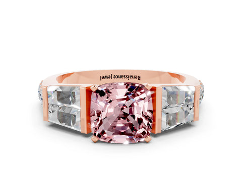 Rose gold Cushion Cut Morganite Engagement Ring with Baguette Side Stones and Channel Set Band