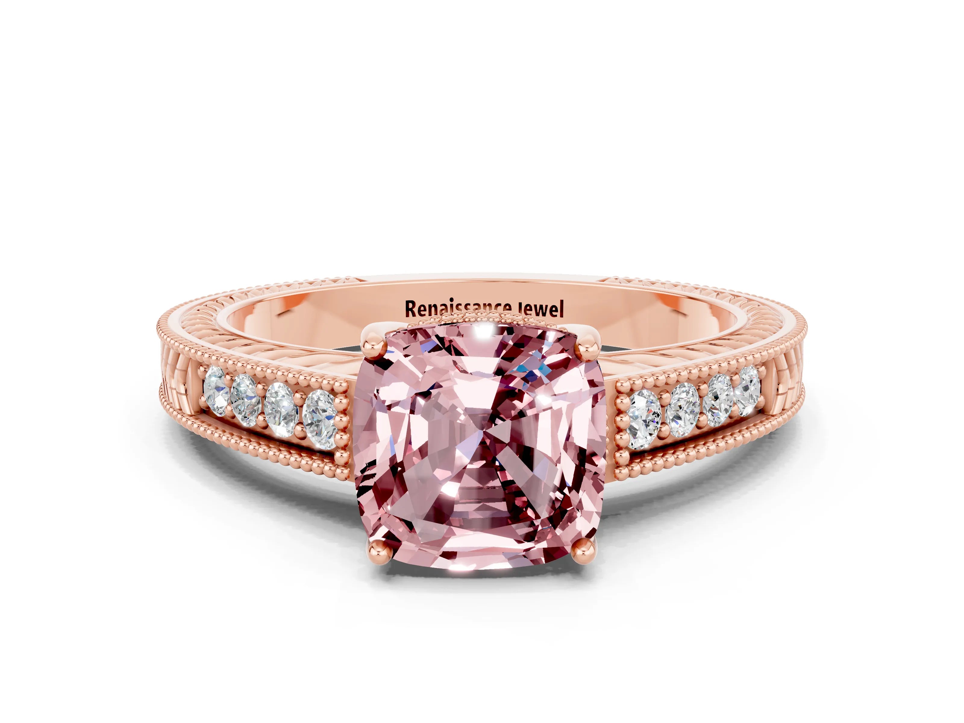 Rose gold Cushion Cut Morganite Engagement Ring with Milgrain Channel Set Band and Prong Setting