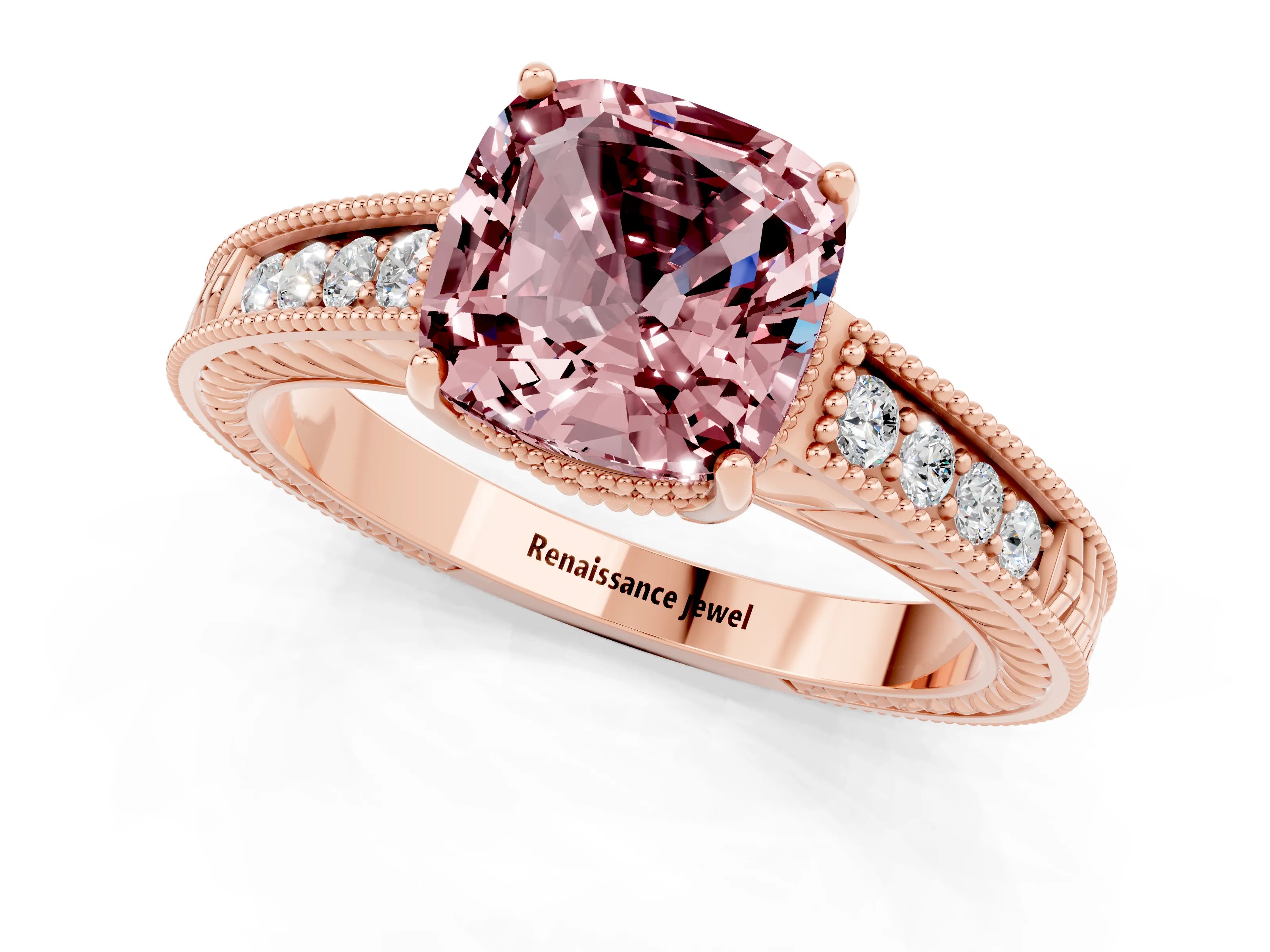 Rose gold Cushion Cut Morganite Engagement Ring with Milgrain Channel Set Band and Prong Setting_1
