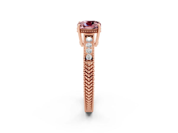 Rose gold Cushion Cut Morganite Engagement Ring with Milgrain Channel Set Band and Prong Setting