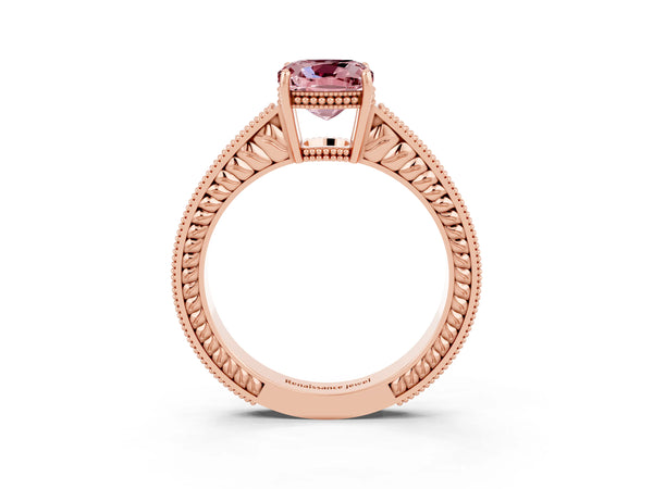 Rose gold Cushion Cut Morganite Engagement Ring with Milgrain Channel Set Band and Prong Setting