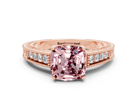 Rose gold Cushion Cut Morganite Engagement Ring with Milgrain Channel Set Band and Prong Setting
