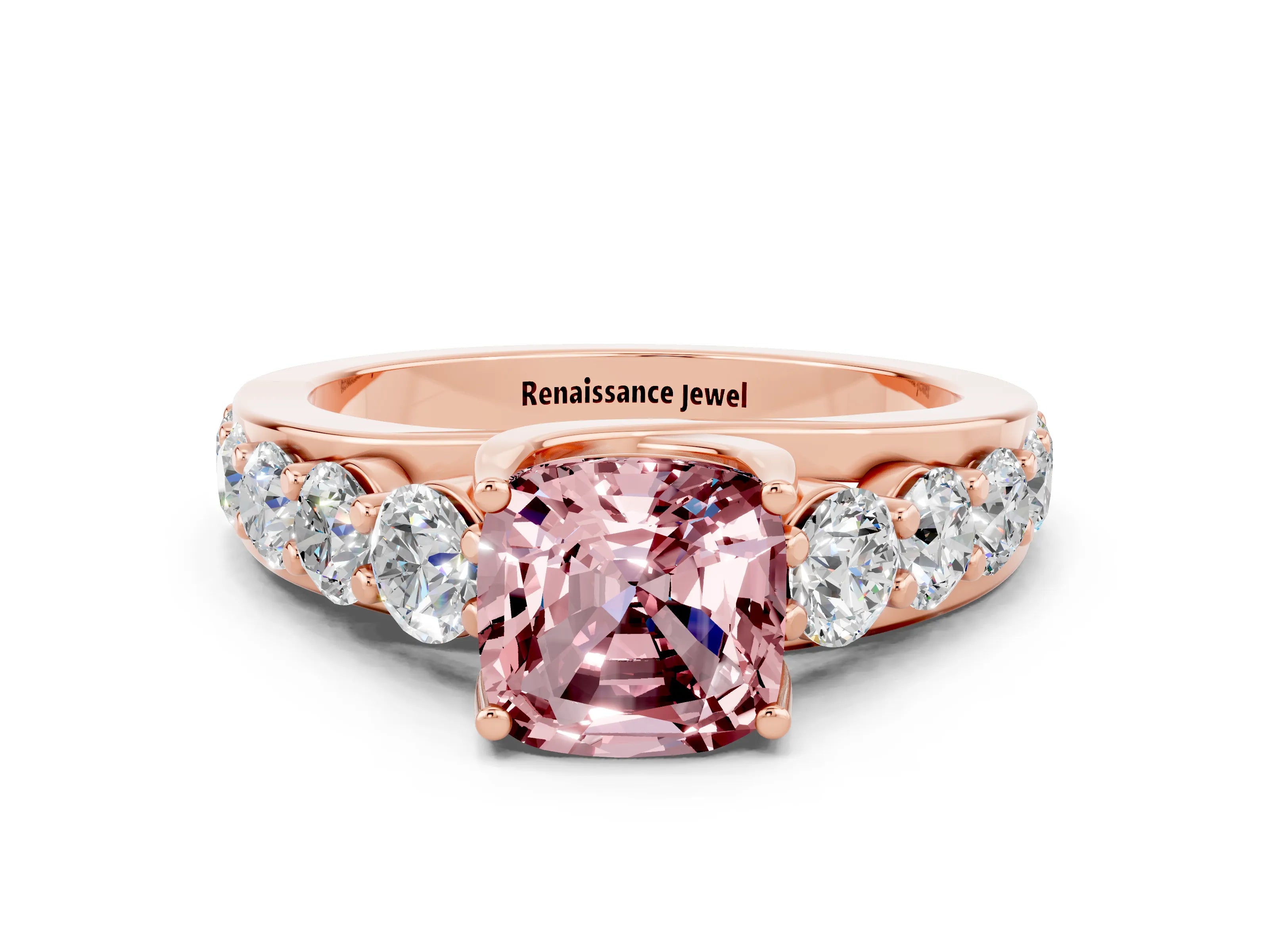 Rose gold Cushion Cut Morganite Engagement Ring with Pavé Band and Four-Prong Setting