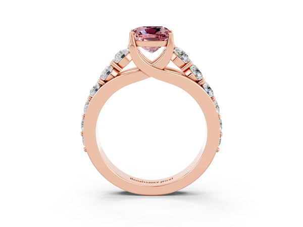 Rose gold Cushion Cut Morganite Engagement Ring with Pavé Band and Four-Prong Setting