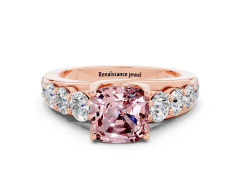 Rose gold Cushion Cut Morganite Engagement Ring with Pavé Band and Four-Prong Setting