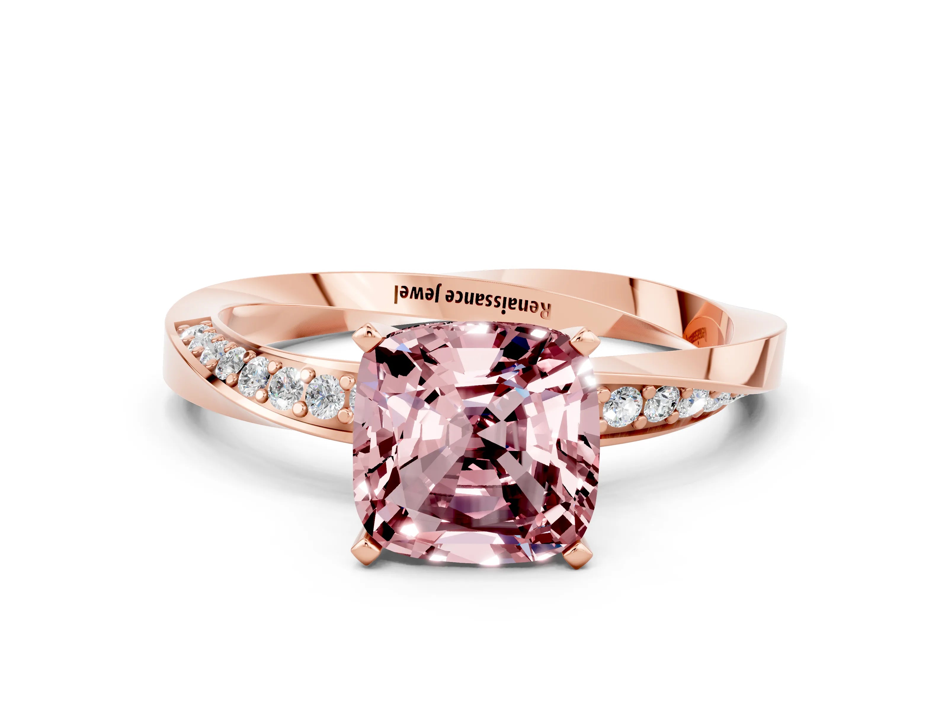 Rose gold Cushion Cut Morganite Engagement Ring with Side Stone Accents and Four-Prong Setting_27