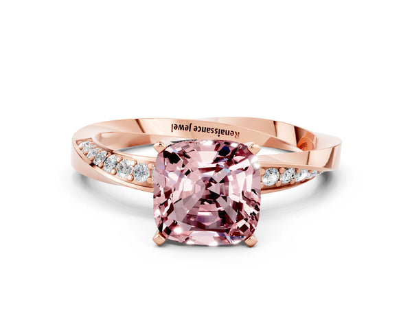 Rose gold Cushion Cut Morganite Engagement Ring with Side Stone Accents and Four-Prong Setting