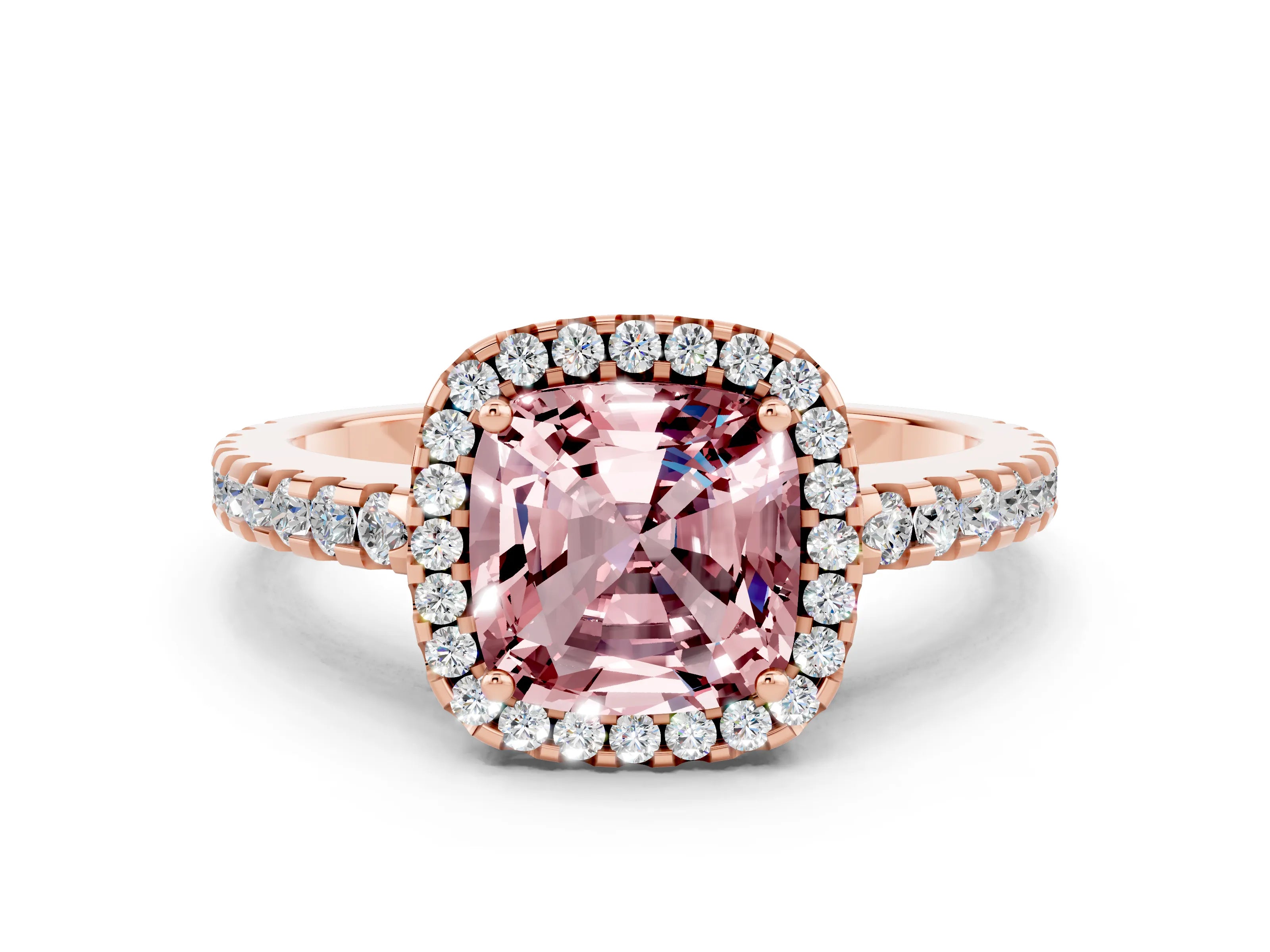 Rose gold Cushion Cut Morganite Halo Engagement Ring with Pavé Band and Prong Setting_12