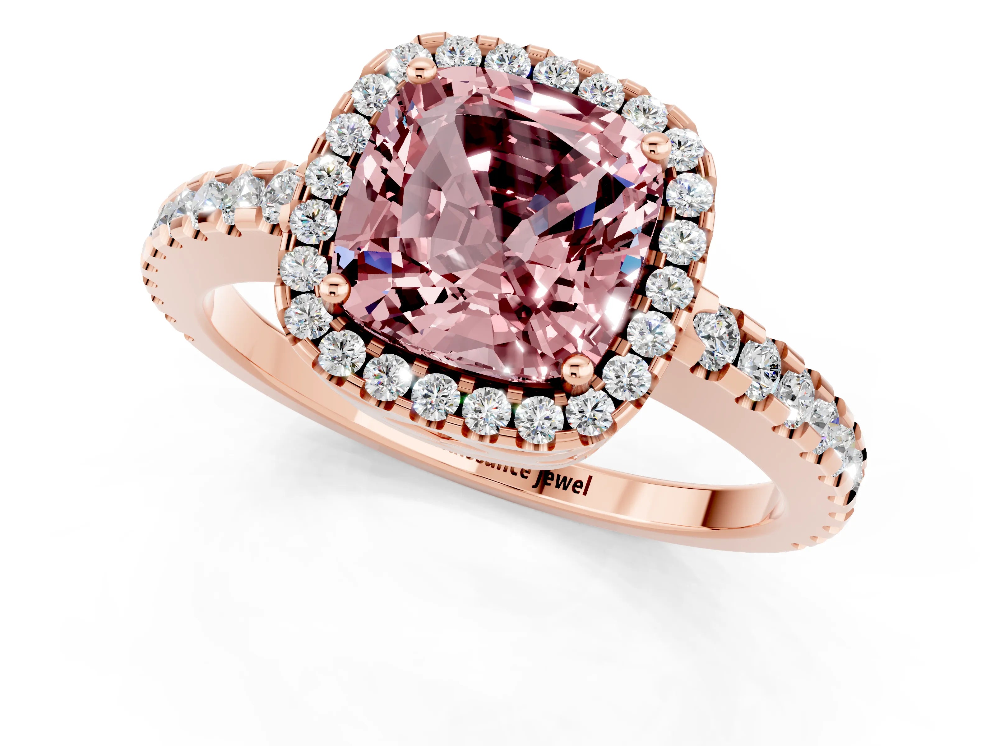 Rose gold Cushion Cut Morganite Halo Engagement Ring with Pavé Band and Prong Setting_13