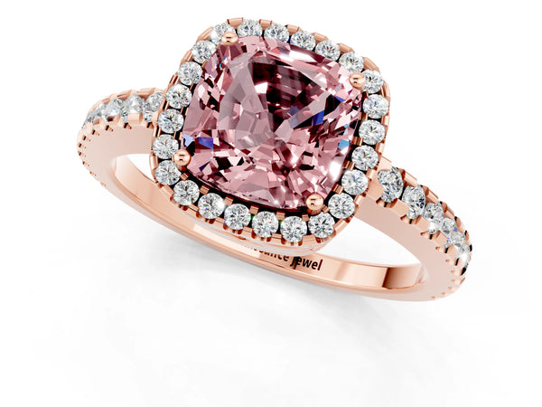 Rose gold Cushion Cut Morganite Halo Engagement Ring with Pavé Band and Prong Setting