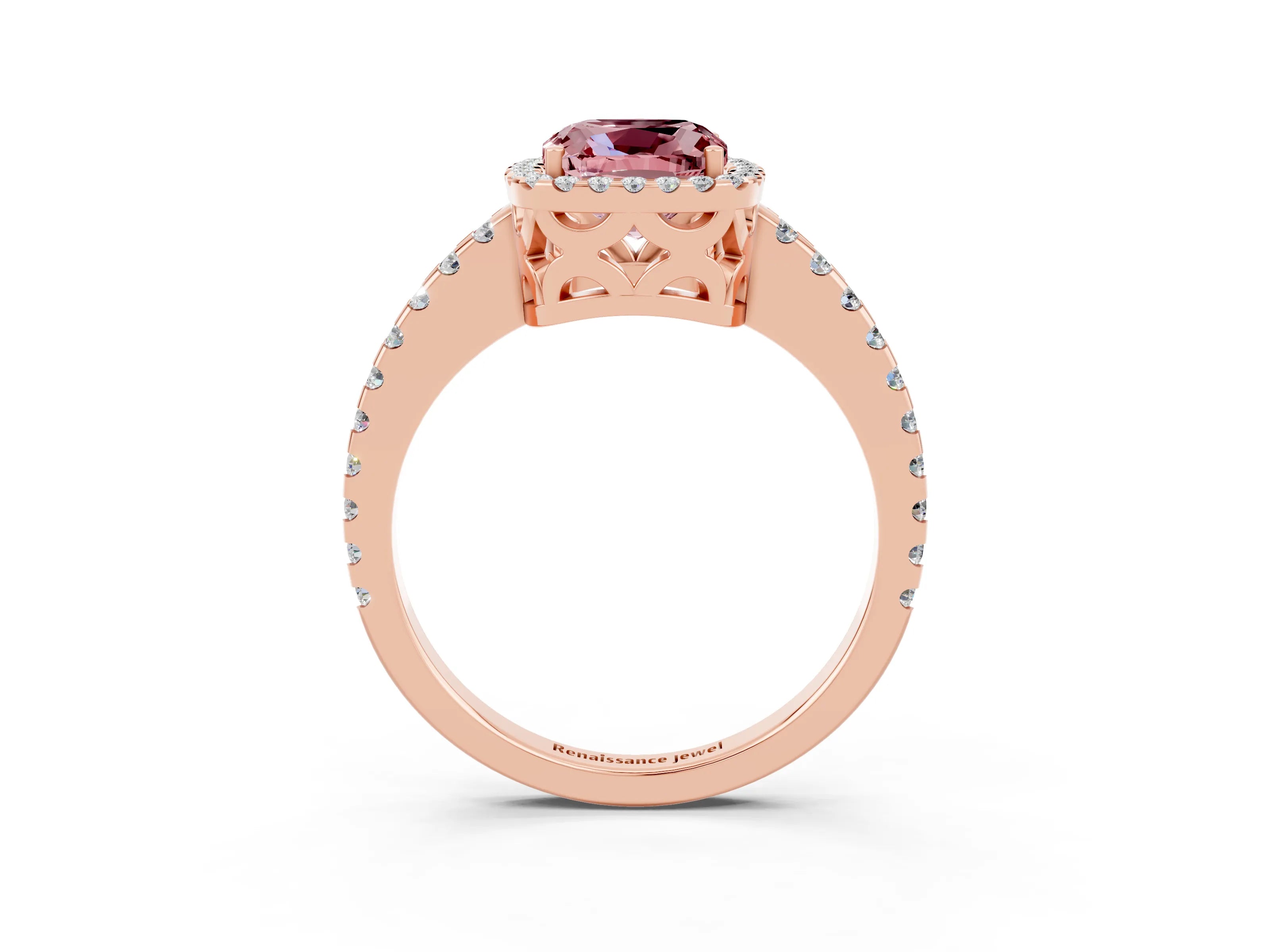 Rose gold Cushion Cut Morganite Halo Engagement Ring with Pavé Band and Prong Setting_15