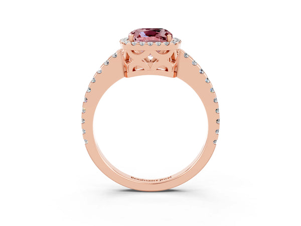 Rose gold Cushion Cut Morganite Halo Engagement Ring with Pavé Band and Prong Setting