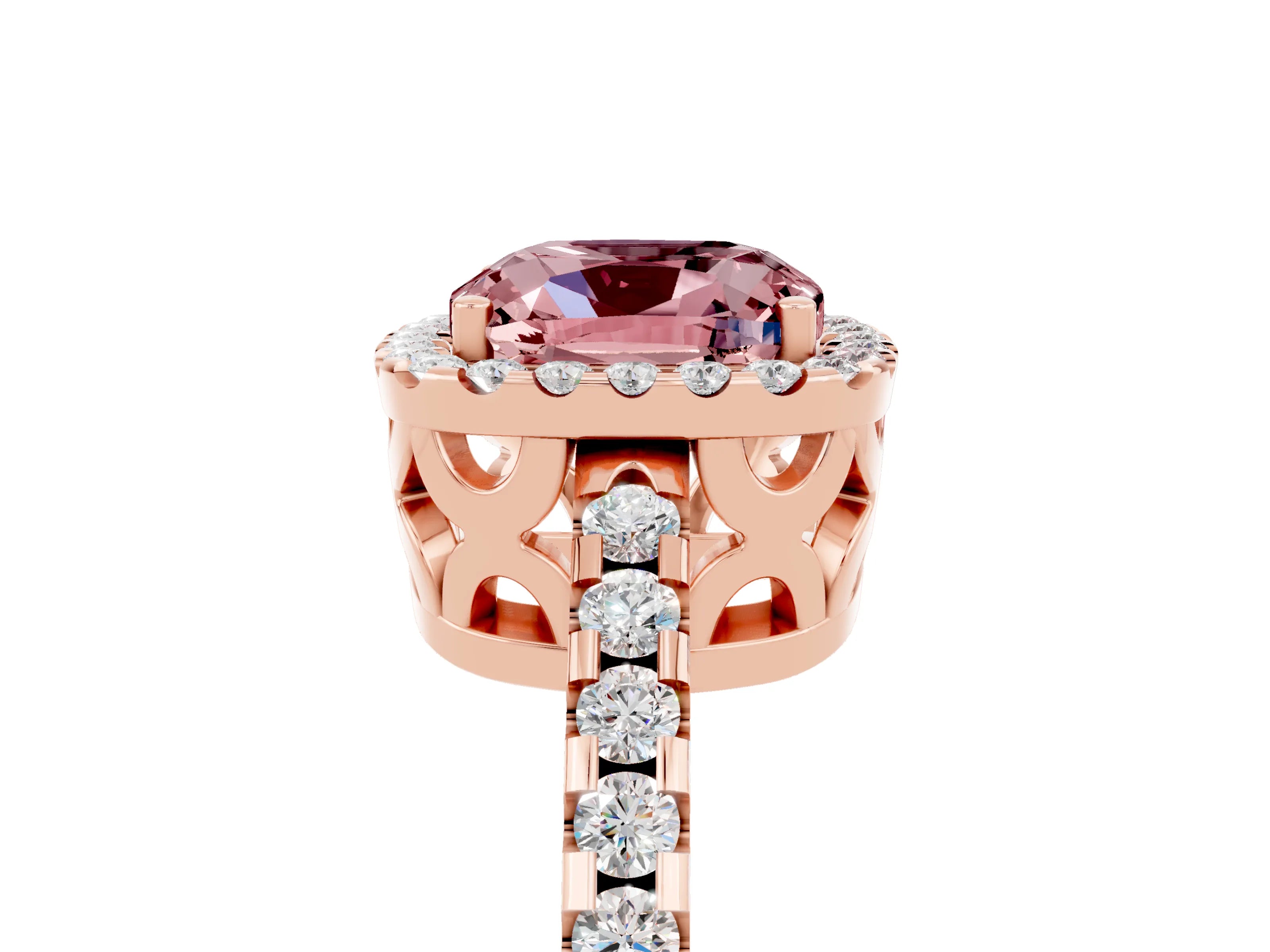 Rose gold Cushion Cut Morganite Halo Engagement Ring with Pavé Band and Prong Setting_17