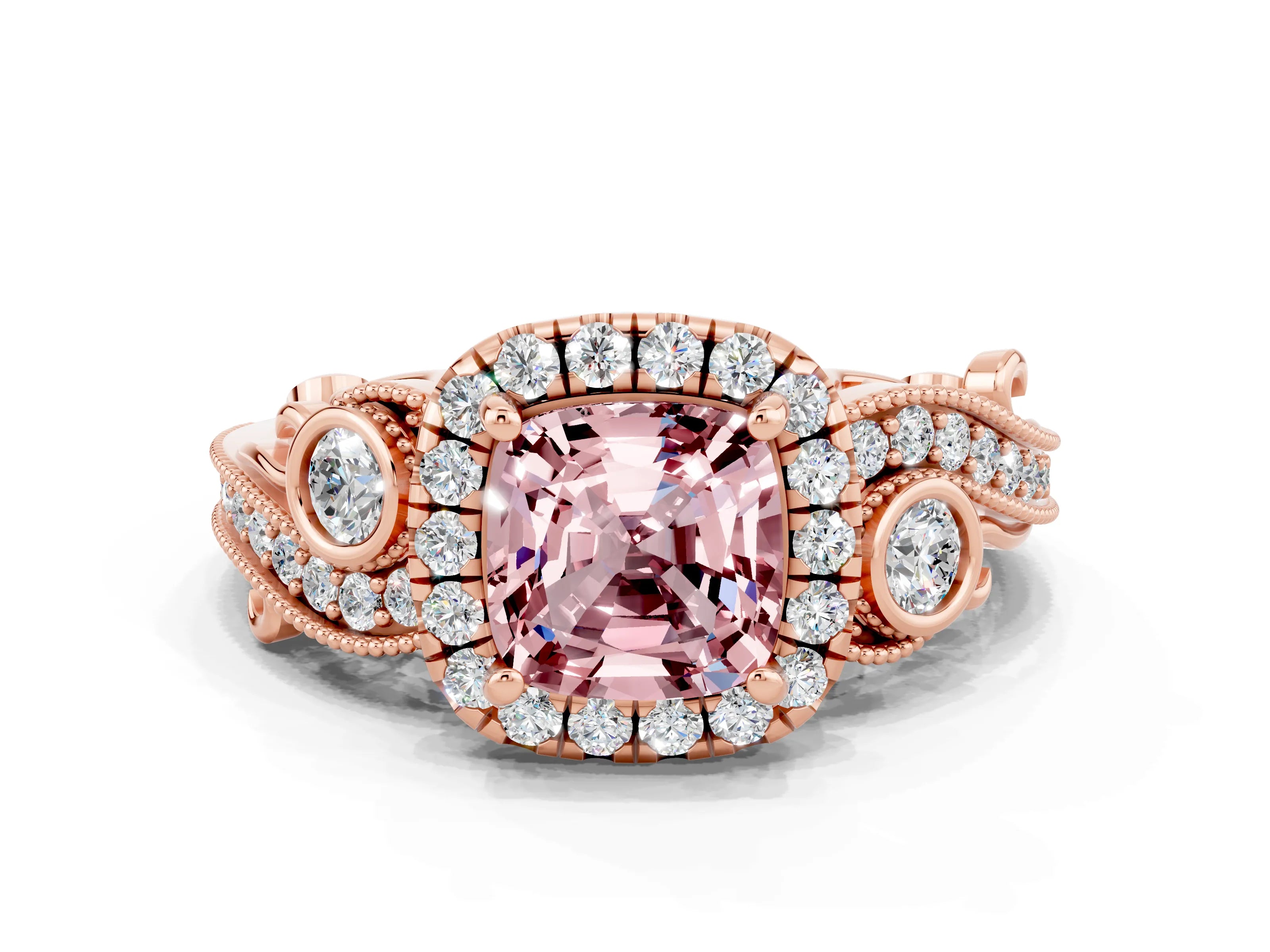Rose gold Cushion Cut Morganite Halo Ring with Milgrain Pavé Band and Four-Prong Setting_12