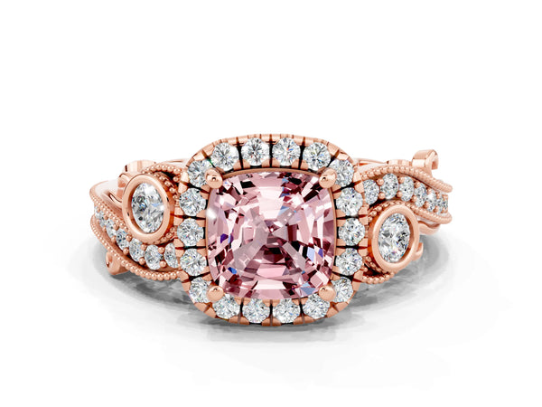 Rose gold Cushion Cut Morganite Halo Ring with Milgrain Pavé Band and Four-Prong Setting