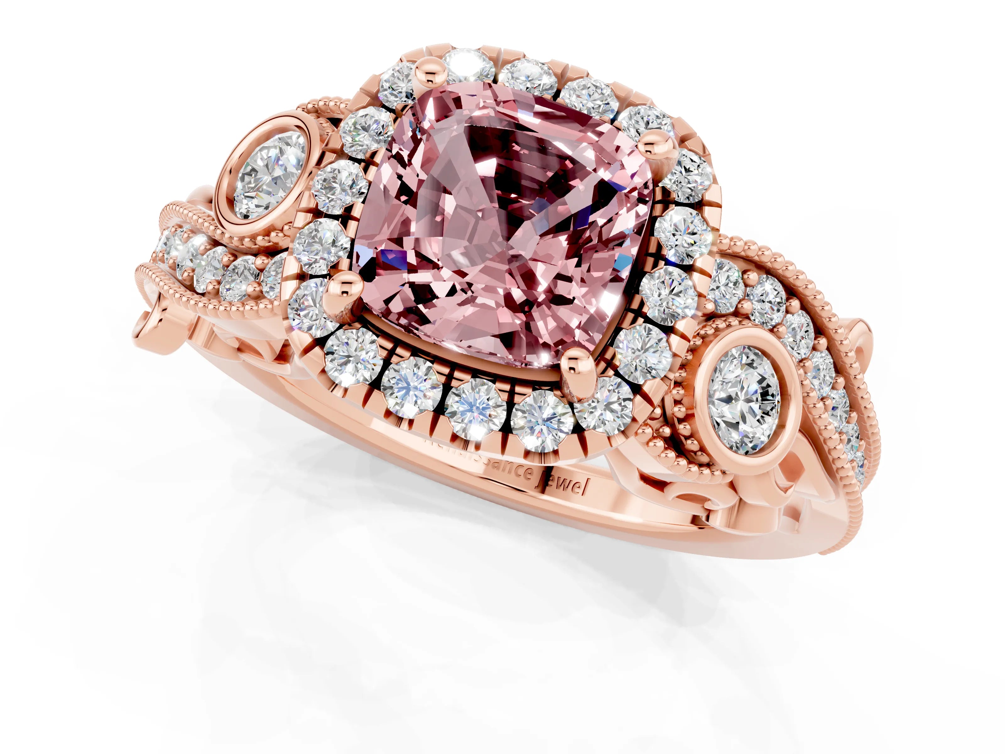 Rose gold Cushion Cut Morganite Halo Ring with Milgrain Pavé Band and Four-Prong Setting_13