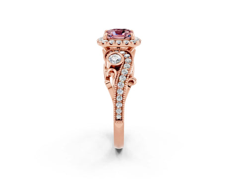 Rose gold Cushion Cut Morganite Halo Ring with Milgrain Pavé Band and Four-Prong Setting_14
