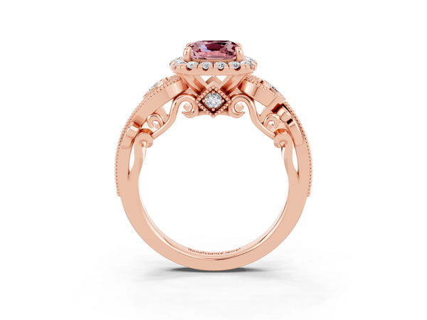 Rose gold Cushion Cut Morganite Halo Ring with Milgrain Pavé Band and Four-Prong Setting