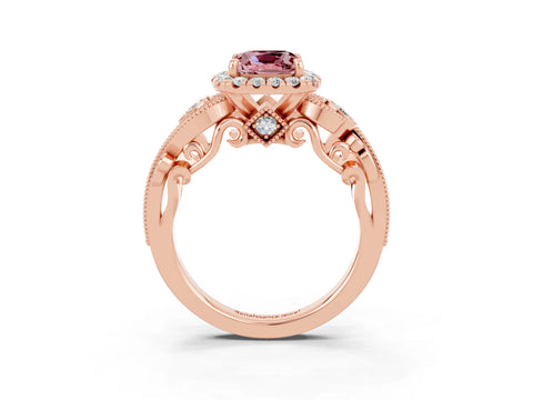Rose gold Cushion Cut Morganite Halo Ring with Milgrain Pavé Band and Four-Prong Setting_15