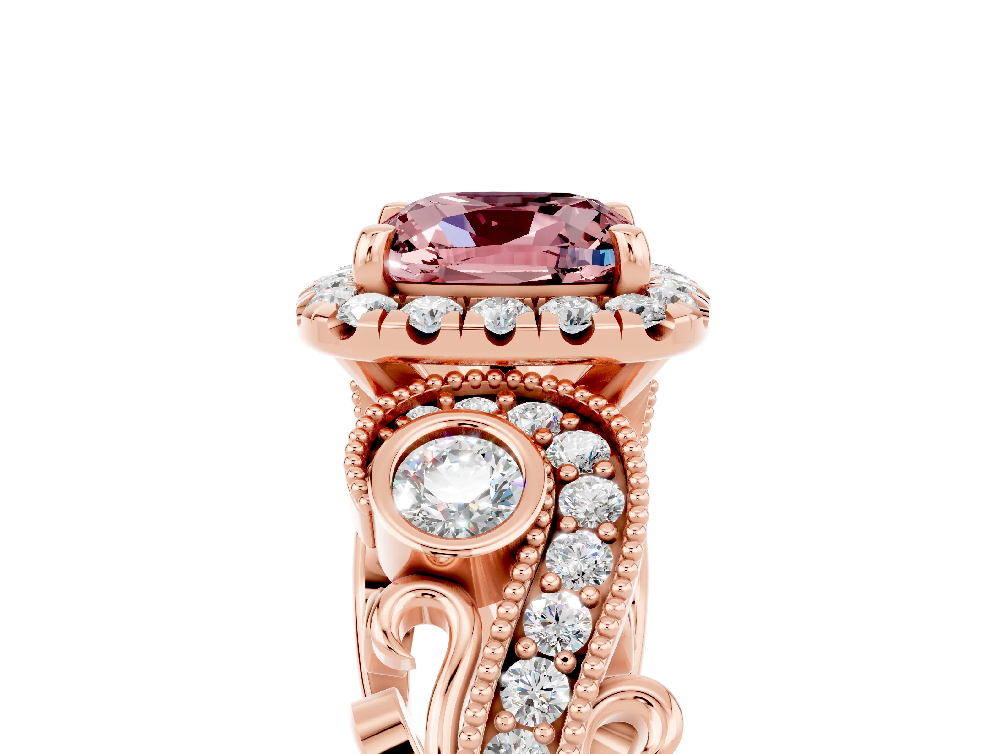 Rose gold Cushion Cut Morganite Halo Ring with Milgrain Pavé Band and Four-Prong Setting_17