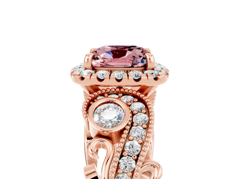 Rose gold Cushion Cut Morganite Halo Ring with Milgrain Pavé Band and Four-Prong Setting_17