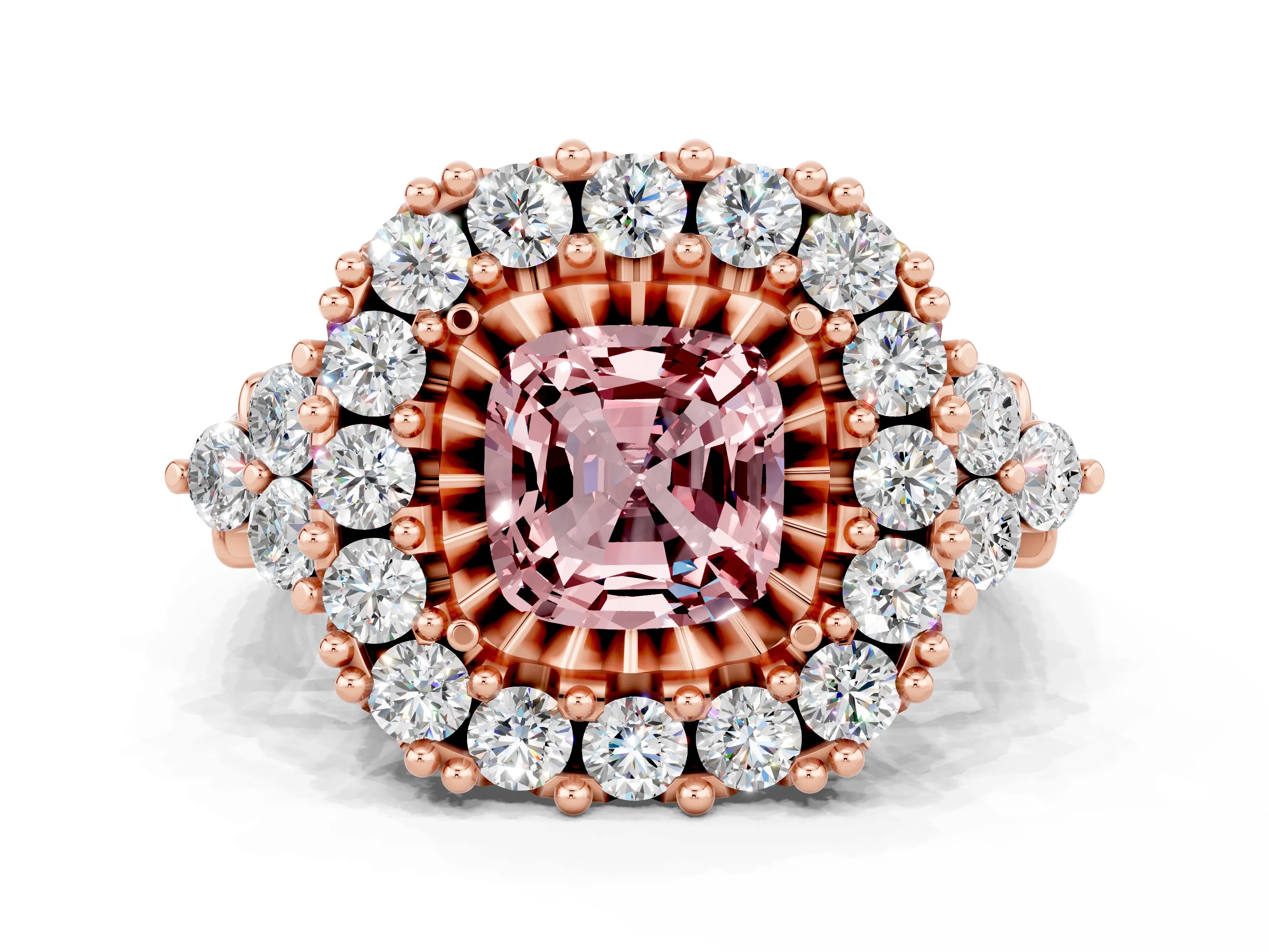 Rose gold Cushion Cut Morganite Halo Ring with Pavé Band and Four-Prong Setting_12