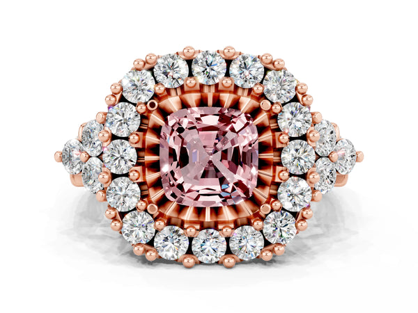 Rose gold Cushion Cut Morganite Halo Ring with Pavé Band and Four-Prong Setting