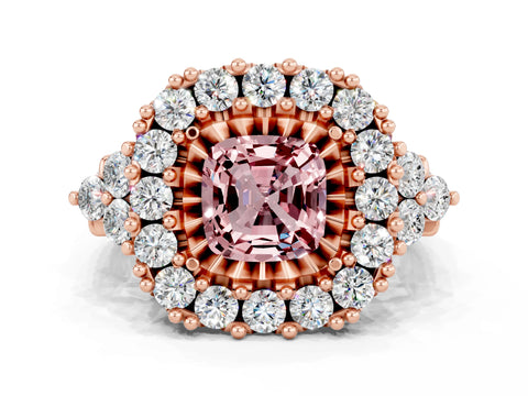 Rose gold Cushion Cut Morganite Halo Ring with Pavé Band and Four-Prong Setting_12