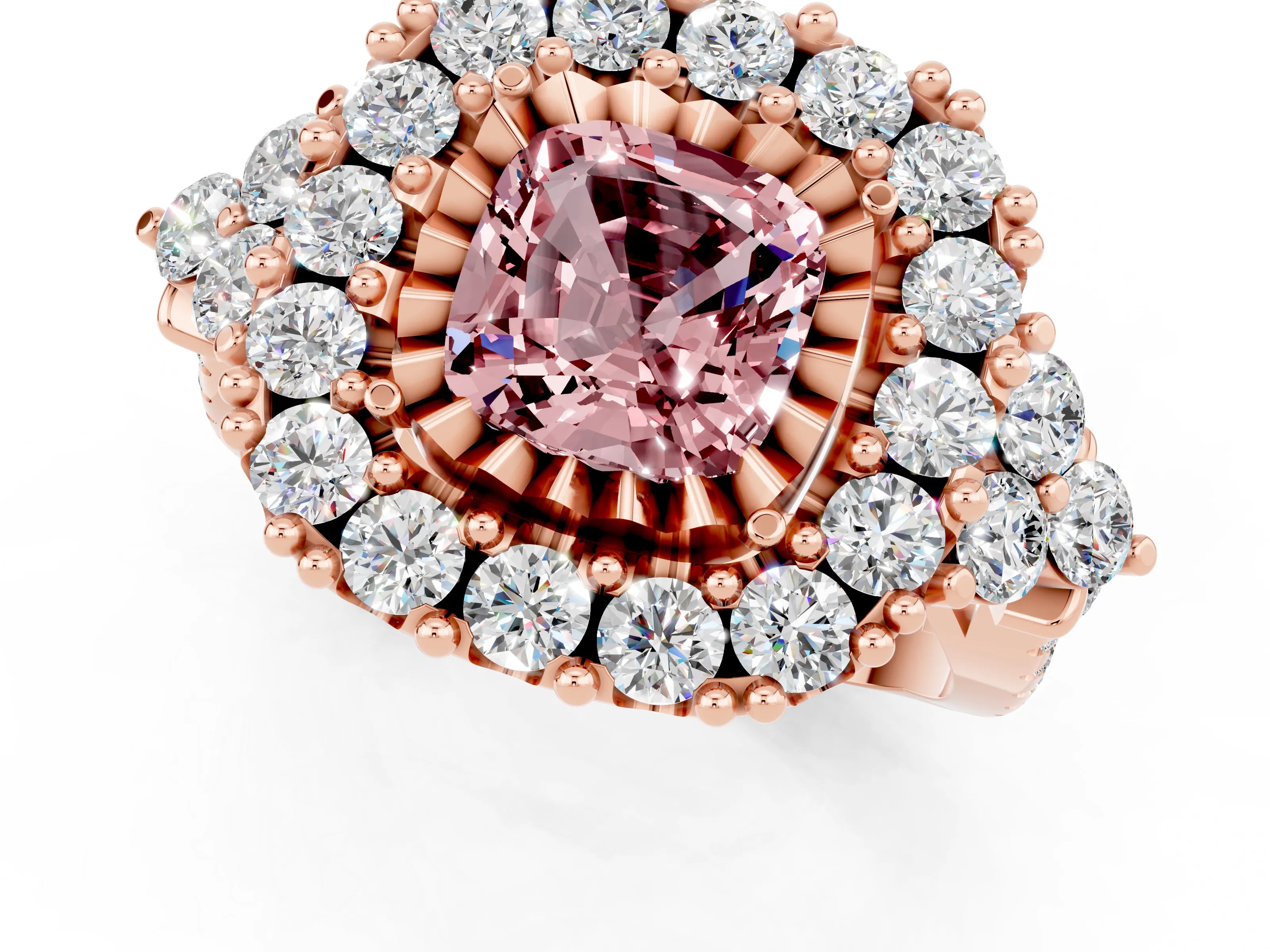 Rose gold Cushion Cut Morganite Halo Ring with Pavé Band and Four-Prong Setting_13
