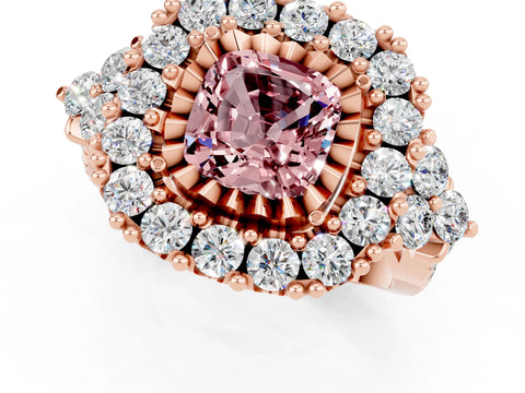 Rose gold Cushion Cut Morganite Halo Ring with Pavé Band and Four-Prong Setting_13