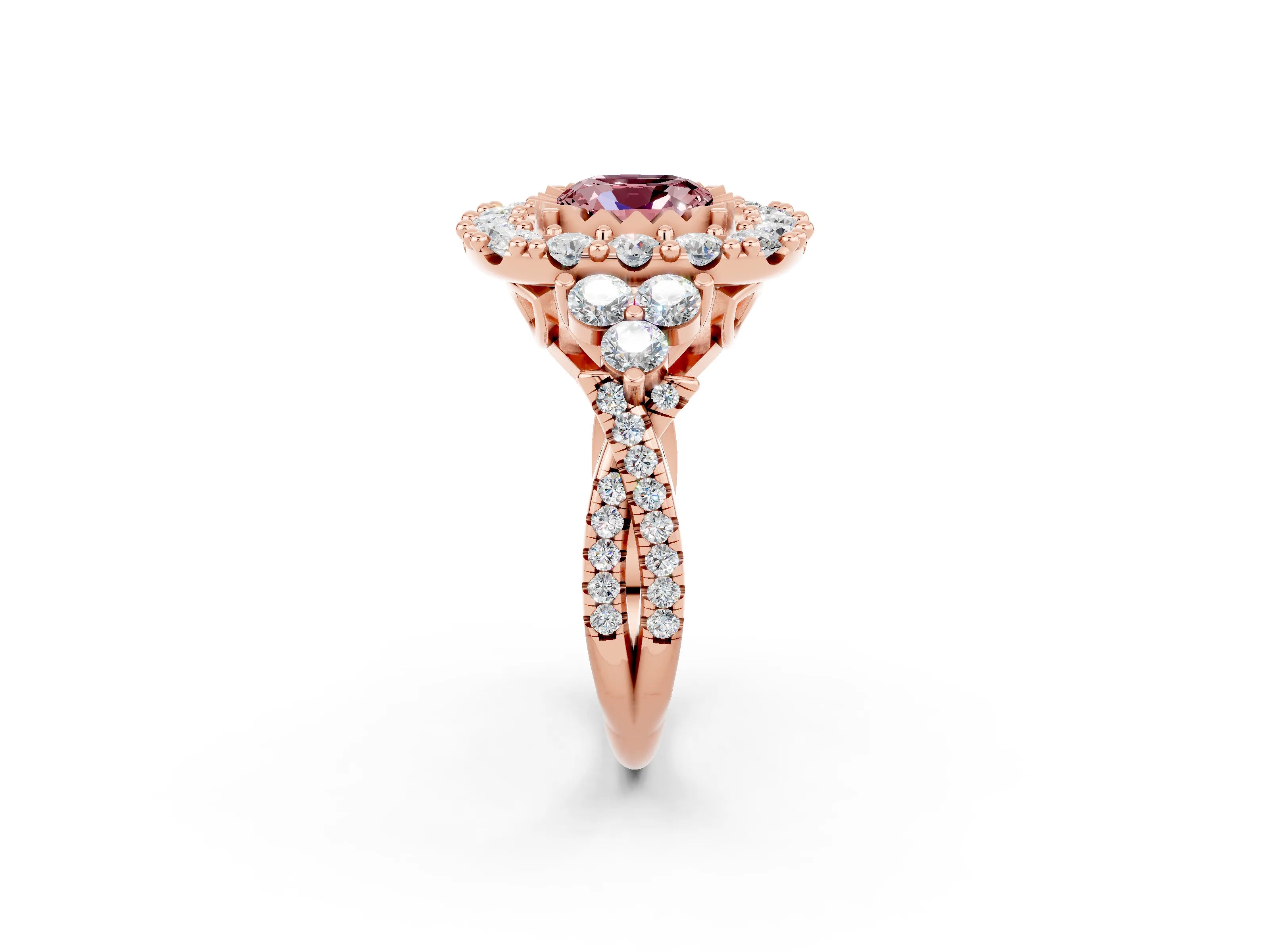 Rose gold Cushion Cut Morganite Halo Ring with Pavé Band and Four-Prong Setting_14