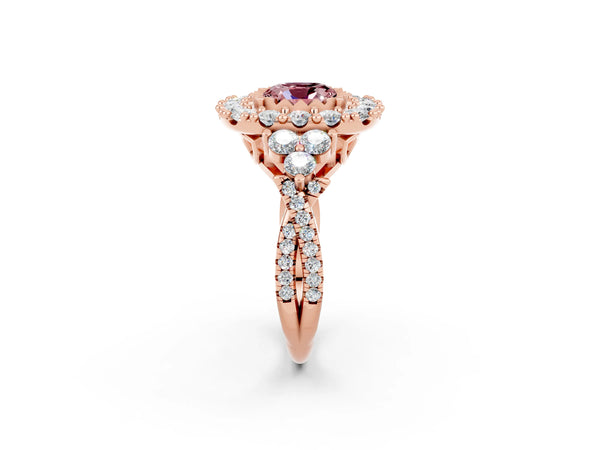 Rose gold Cushion Cut Morganite Halo Ring with Pavé Band and Four-Prong Setting