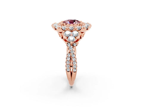 Rose gold Cushion Cut Morganite Halo Ring with Pavé Band and Four-Prong Setting_14