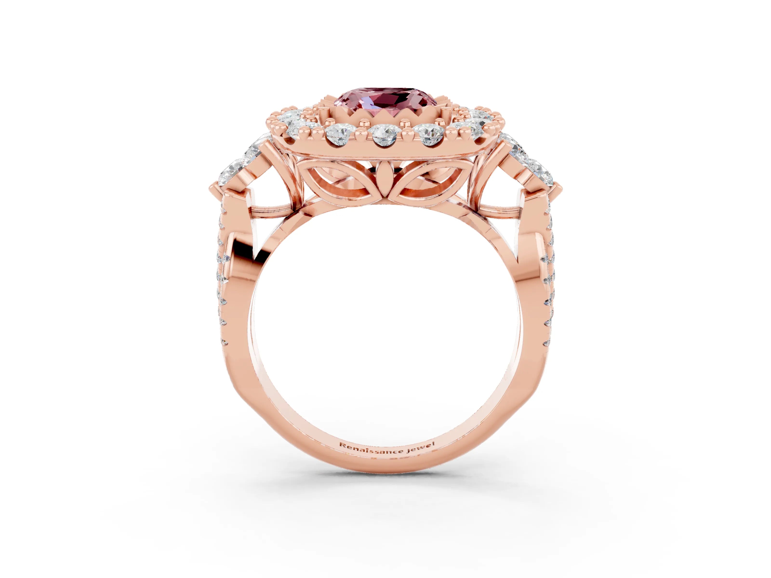 Rose gold Cushion Cut Morganite Halo Ring with Pavé Band and Four-Prong Setting_15