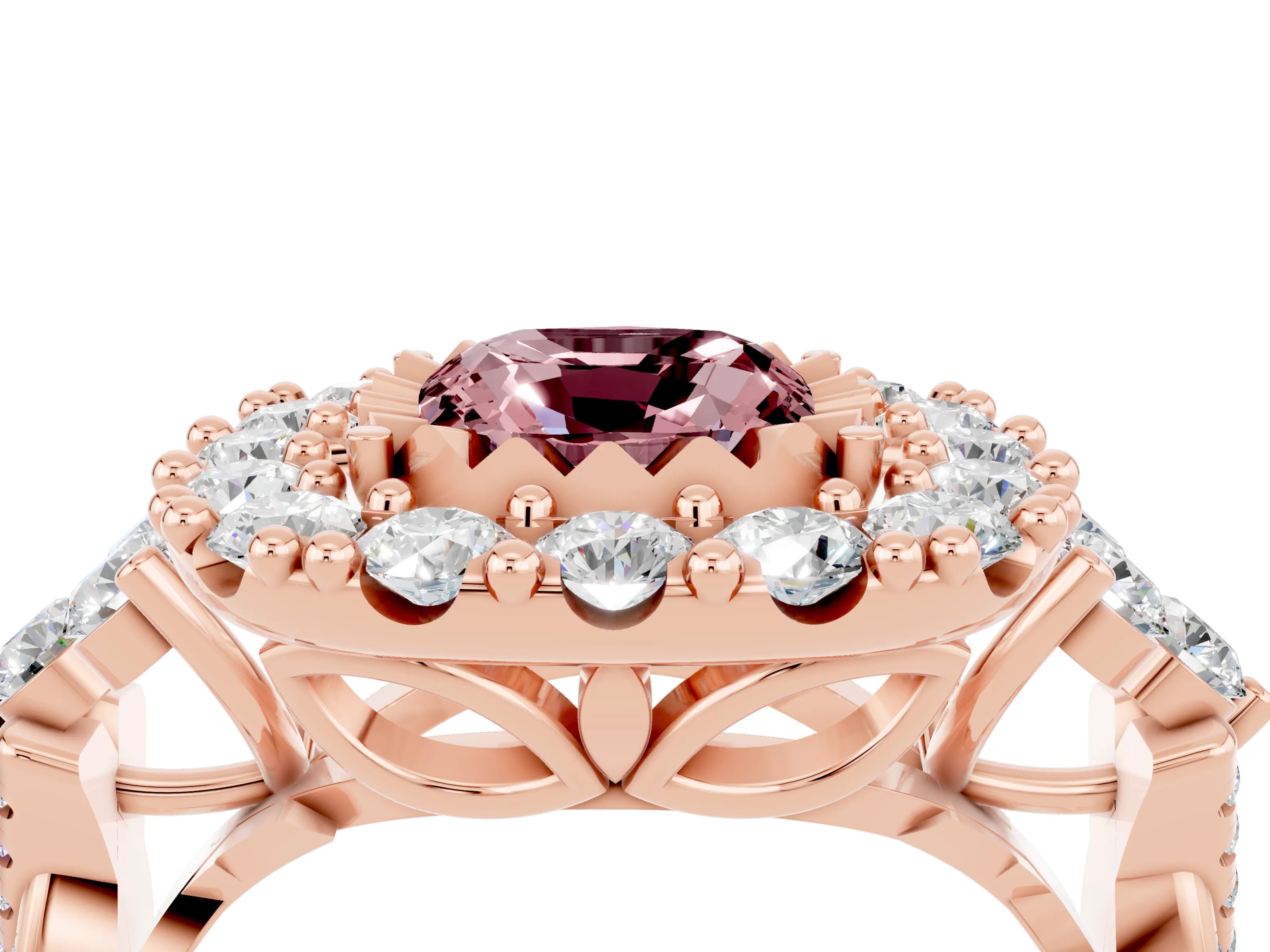 Rose gold Cushion Cut Morganite Halo Ring with Pavé Band and Four-Prong Setting_16