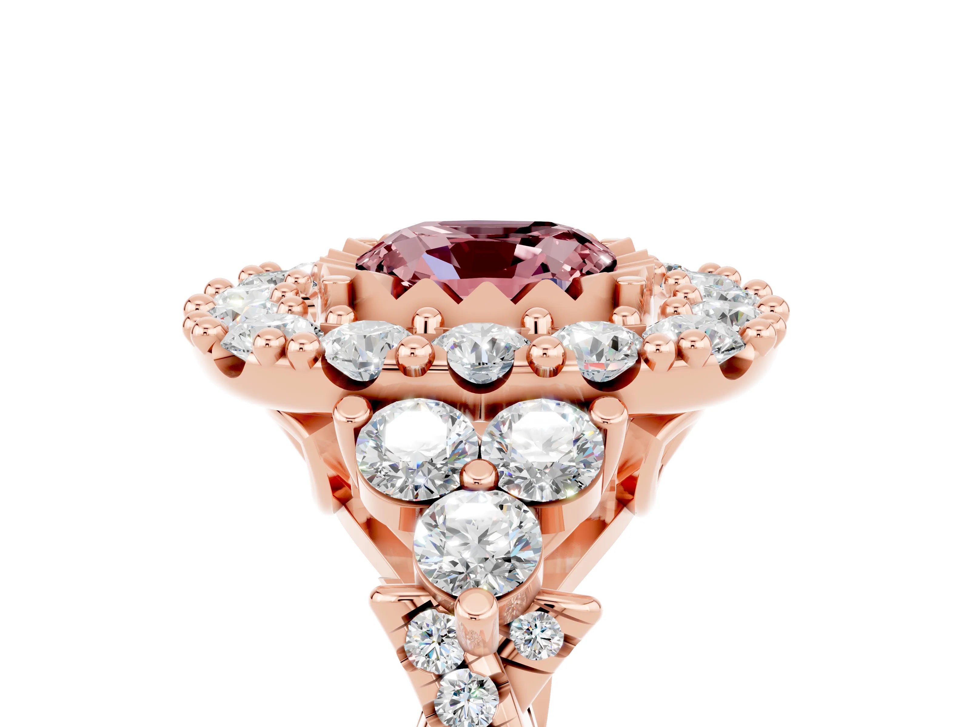 Rose gold Cushion Cut Morganite Halo Ring with Pavé Band and Four-Prong Setting_17