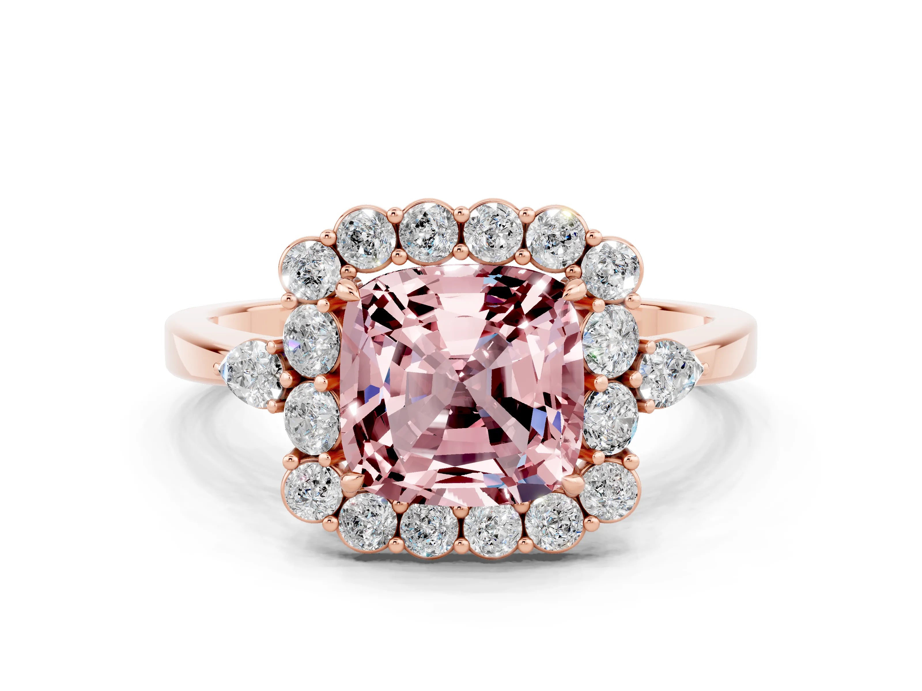 Rose gold Cushion Cut Morganite Halo Ring with Pear Side Stones and Prong Setting_12
