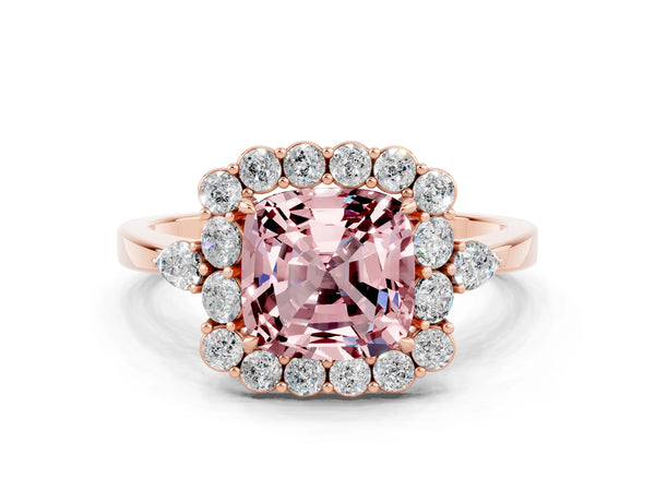 Rose gold Cushion Cut Morganite Halo Ring with Pear Side Stones and Prong Setting