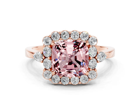Rose gold Cushion Cut Morganite Halo Ring with Pear Side Stones and Prong Setting_12