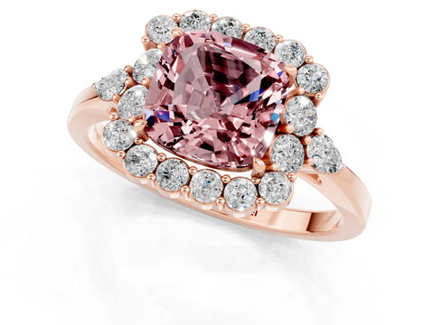 Rose gold Cushion Cut Morganite Halo Ring with Pear Side Stones and Prong Setting_13