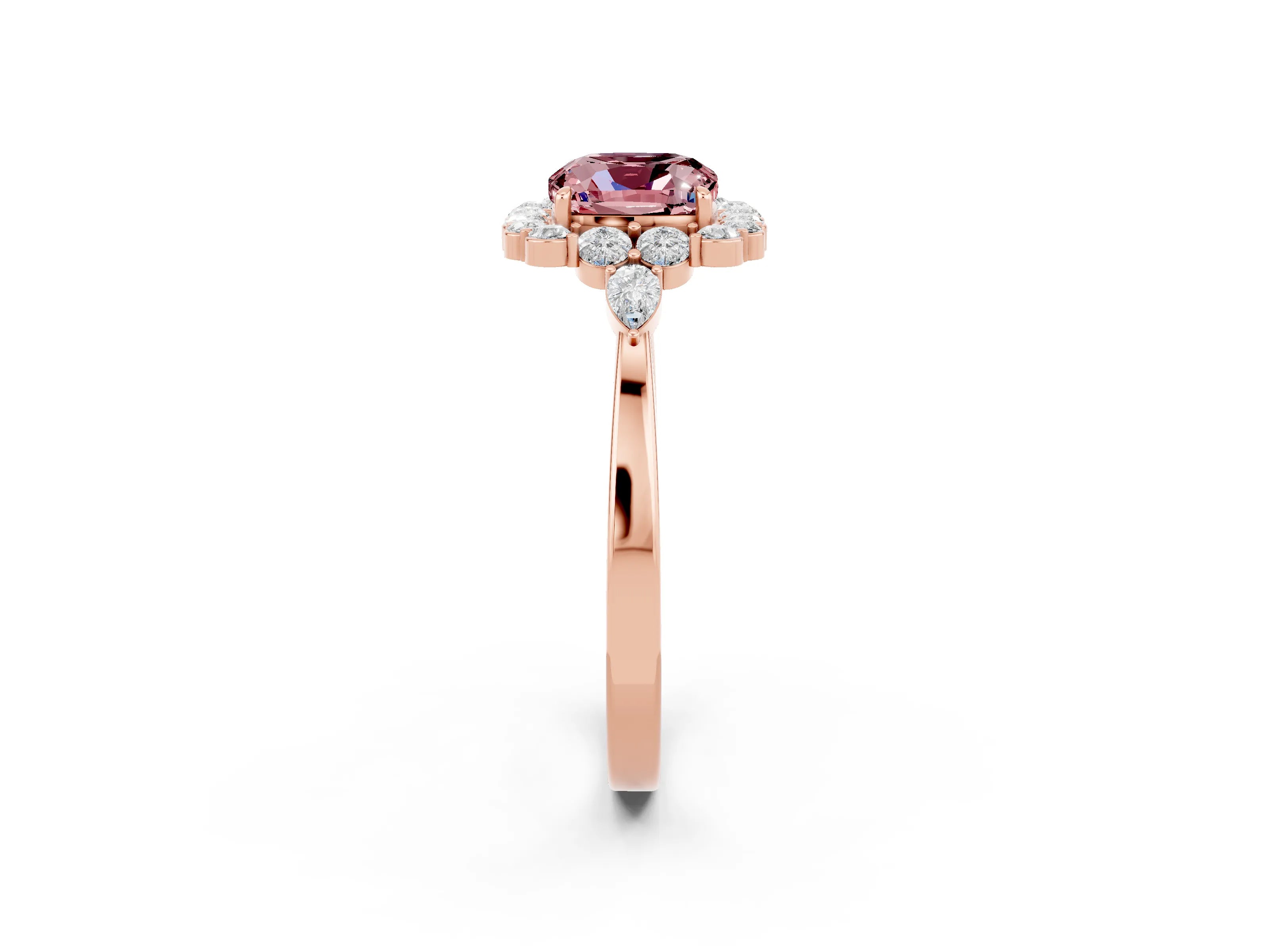 Rose gold Cushion Cut Morganite Halo Ring with Pear Side Stones and Prong Setting_14